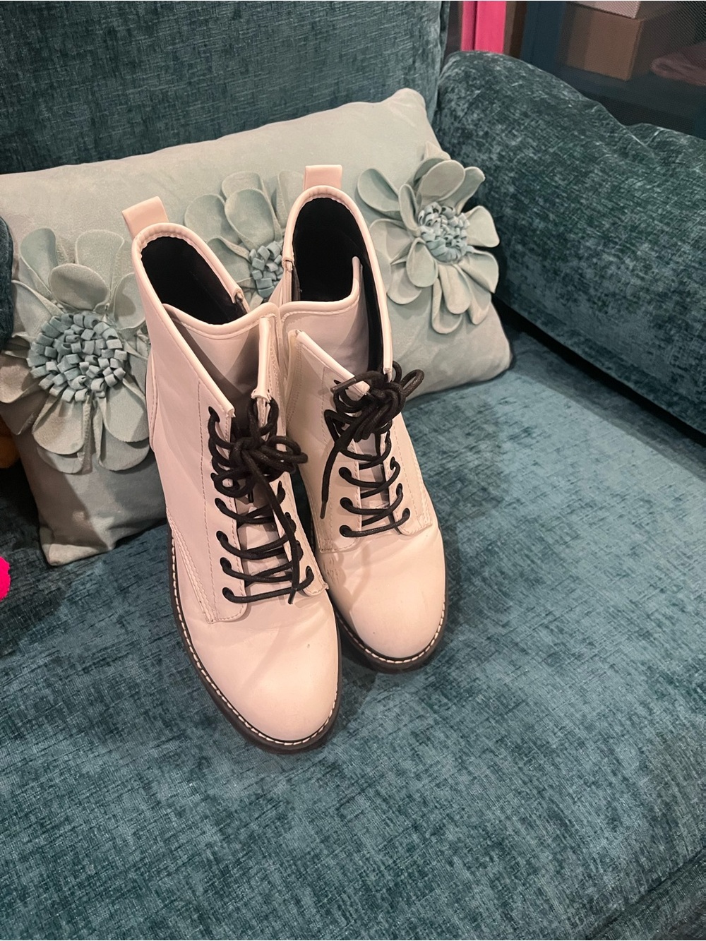 Steve Madden - Cara White Lace-Up Combat Boots with Black Laces